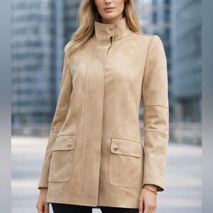 Magaschoni Faux Suede Jacket Tan Utility Coat Snap Front Size S EUC